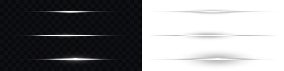 Ideal for snowy Christmas backgrounds, festive light rays, or magical winter scenes. Set of white horizontal lines, beam light effect. Sparkle laser beam set, vector illustration. Vector laser beams.