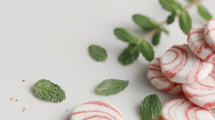 Group of round, white marshmallows with red stripes on them. they are arranged in a scattered manner on a white surface. there are also a few sprigs of fresh mint leaves scattered around the image.