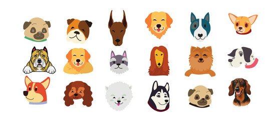 Cute vector cartoon animal icons collection including cat, dog, pig, rabbit, tiger, lion, fox, bear, and panda faces with isolated fire flames set illustration