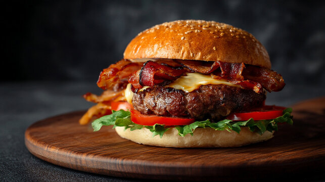 Classic Bacon Cheeseburger with Melting Cheese, Crisp Lettuce, and Dark Background