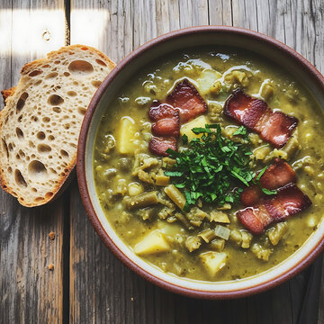 Traditional Luxembourgish Bouneschlupp Soup in Ceramic Bowl with Crusty Bread