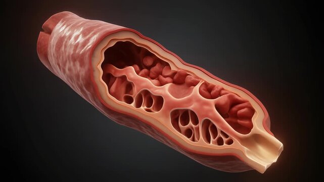 Cross section animation of a human vein showing blood cells flowing through the lumen surrounded by the tunica intima, tunica media and tunica adventitia layers