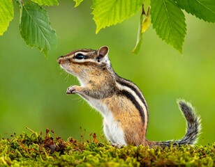 A tiny chipmunk stands on moss, under green leaves. Focus on it, blurred background