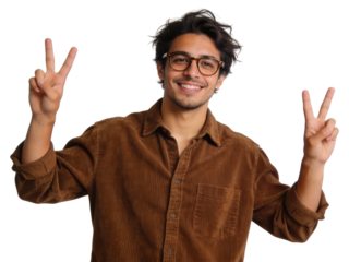 Smiling Young Man Showing Peace Sign, Isolated on White