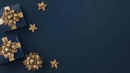 Minimalist stock-style flat lay: golden stars and gift boxes on dark-blue, generous copy space right, elegant banner for promos, greetings or product ads.