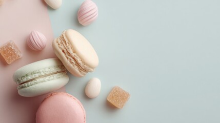 Fototapeta premium Flat lay of colorful macarons on a pastel pink and light blue background. there are three macaroons in the foreground, one in the center, one on the left side, and two on the right side.