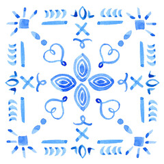 A hand-drawn watercolor blue square with a Mediterranean-style ornament. Blue and white title design in azulejo style use as print, decoration, postcard, element design, textile, package, fabric.