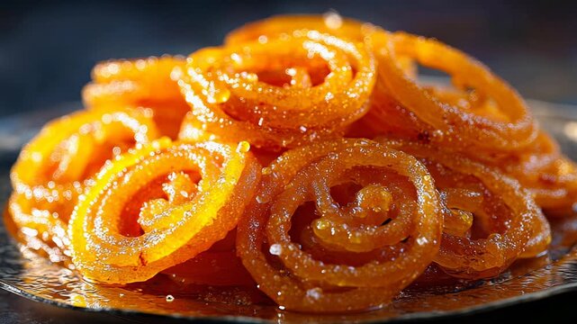 Closeup of Glazed Jalebi Sweets Piled on a Plate in Bright Natural Light