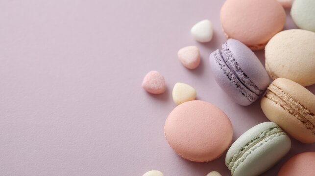 Flat lay of colorful macarons on a pastel pink background. there are several macaroons of different colors - pink, purple, green, and light pink - scattered around the image.