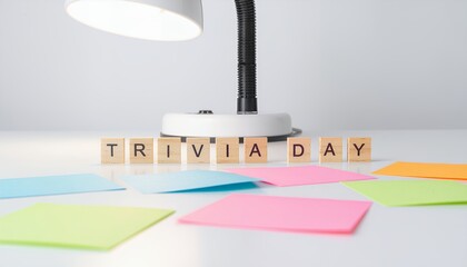 Trivia Day celebration with wooden blocks and colorful sticky notes on a table