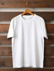 Blank white tshirt mockup hanging on wooden wall background