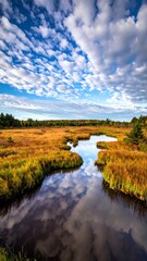 Fall landscape, water reflects sky. Meadow and forest in warm tones under a sky with bright white puffy clouds