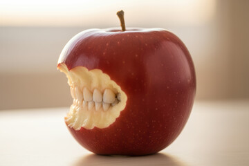 Red apple with human teeth in bite mark