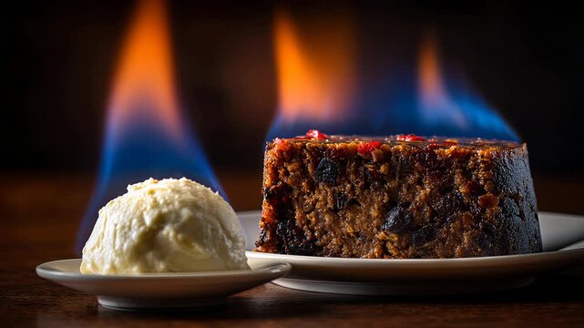 Chocolate fruitcake being ignited with flames in closeup shot with warm lighting and rich textures
