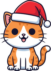 Cute Cartoon Ginger Cat Wearing a Festive Santa Hat Vector Illustration, Adorable Holiday Kitten Mascot Character Sitting, Merry Christmas and Happy New Year Seasonal Design Element.