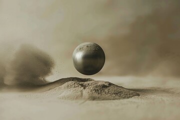 Visual Metaphor of Invisible Force and Balance, Floating Metal Object Over Sand