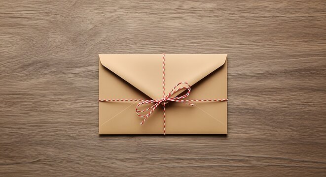 Brown Envelope Tied With Red White Twine On Wood Surface paper string