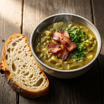 Top-Down View of Rustic Bouneschlupp Green Bean Soup with Bacon