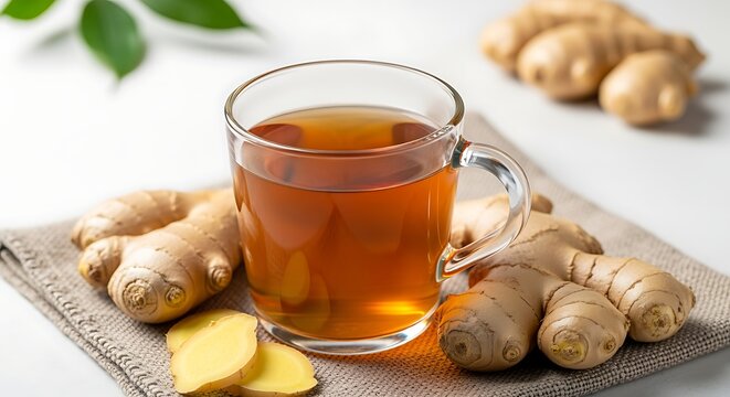 Hot ginger tea in clear mug surrounded by fresh ginger roots and slices drink beverage