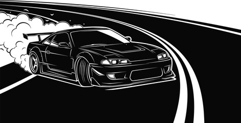Sports car drifting illustration, racing vehicle artwork, black and white drawing, motorsport action, tire smoke effect, curved road speed concept, dynamic motion sketch © MSTSHARMIN