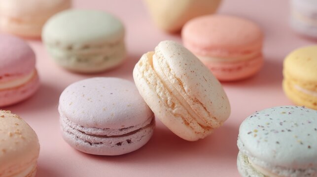 Group of colorful macarons on a pink background. there are nine macaroons in total, arranged in a scattered manner.