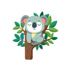 A cartoon image of a koala on a tree with a white background