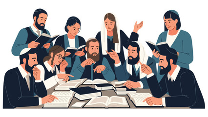 Jewish people studying religious texts together, modern flat vector illustration emphasizing learning and tradition, ideal for education and cultural themes