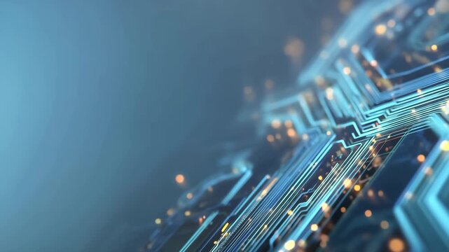 Glowing electronic circuit lines with golden particles on dark blue futuristic technology background