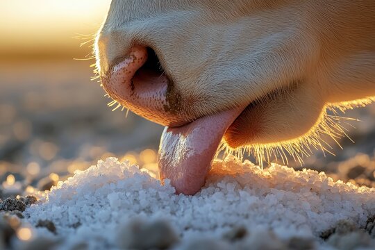 Cow licking salt with tongue in close up detail
