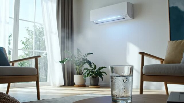 Air conditioning unit with blue light in a modern living room with chairs, plants and a glass of water