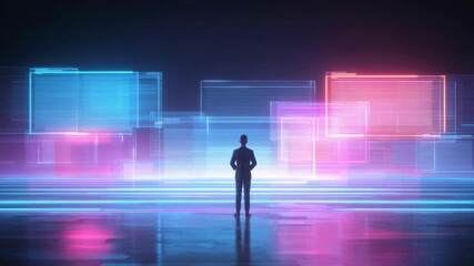 Business person standing in glowing digital grid with neon holographic interfaces - Powered by Adobe