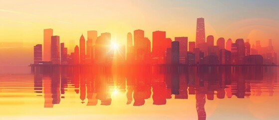 Skyscrapers at sunset, graphic perspective of buildings and reflections on water Abstract architectural background.