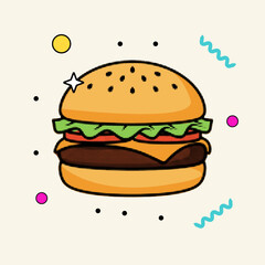 halftone, classic cheese burger with sesame seed bun and fresh ingredients in a vibrant retro pop art style vector illustration