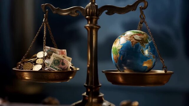 Earth versus money on symbolic balance scale
