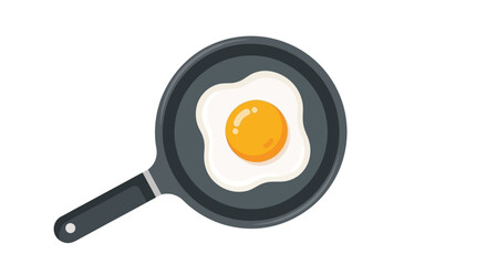 A fried egg in a dark grey frying pan viewed from above
