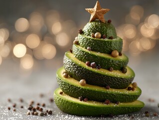 Festive Avocado Christmas Tree Decoration with Gold Star, Hazelnuts, and Sugar Icing on a Blurred Bokeh Background