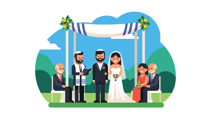 Jewish wedding ceremony under chuppah illustrated in modern flat vector style, sacred and joyful moment, ideal for cultural and religious storytelling