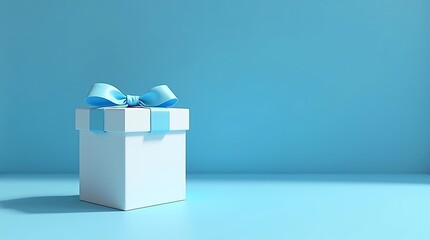 Blank White Gift Box Mockup with sky blue Ribbon on Matching Background, 3D Render of White Present Box Tied with blue Bow on Solid Background