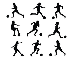 set of nine kid play soccer silhouette vector