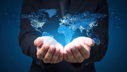 Man presents a glowing, digital world map held in his cupped hands against a dark blue background