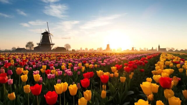 Scenic Dutch Landscape Featuring Vibrant Tulip Fields, Windmills, and a Tranquil Waterway at Sunrise