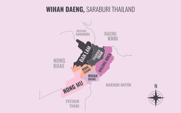 Map showing Wihan Daeng District Saraburi Thailand divided into sub-districts with minimalist colorful patterns