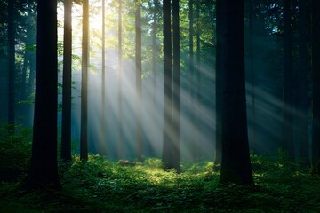 Fototapeta premium Sunlight rays piercing through canopy of tall green trees enchanted forest nature photography serene environment ethereal viewpoint