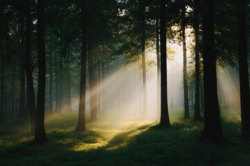 Obraz premium Sunlight rays piercing through canopy of tall green trees enchanted forest serene nature scene calm atmosphere
