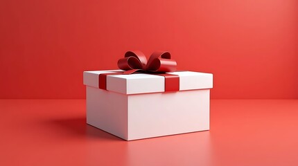 Blank White Gift Box Mockup with Maroon Ribbon on Matching Background, 3D Render of White Present Box Tied with Maroon Bow on Solid Background