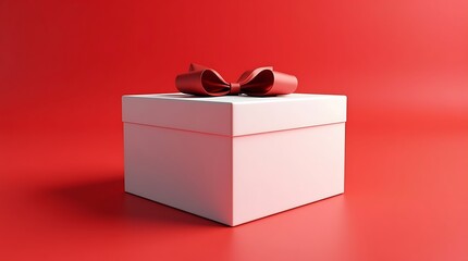 Blank White Gift Box Mockup with Maroon Ribbon on Matching Background, 3D Render of White Present Box Tied with Maroon Bow on Solid Background