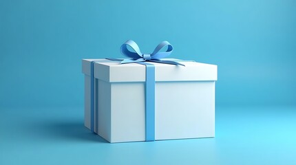 Blank White Gift Box Mockup with sky blue Ribbon on Matching Background, 3D Render of White Present Box Tied with blue Bow on Solid Background