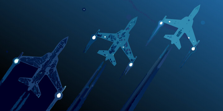 Three fighter jets soaring through a dark blue abstract sky