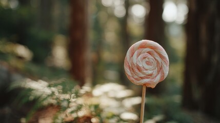 Close-up of a lollipop on a stick in the middle of a forest. the background is blurred, but it appears to be a wooded area with trees and foliage.
