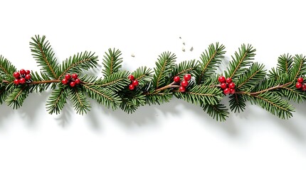 Fresh Pine Christmas Garland with Red Berries on White Background, Natural Green Pine Garland Decorated with Red Berries, Realistic Christmas Pine Garland Isolated on White